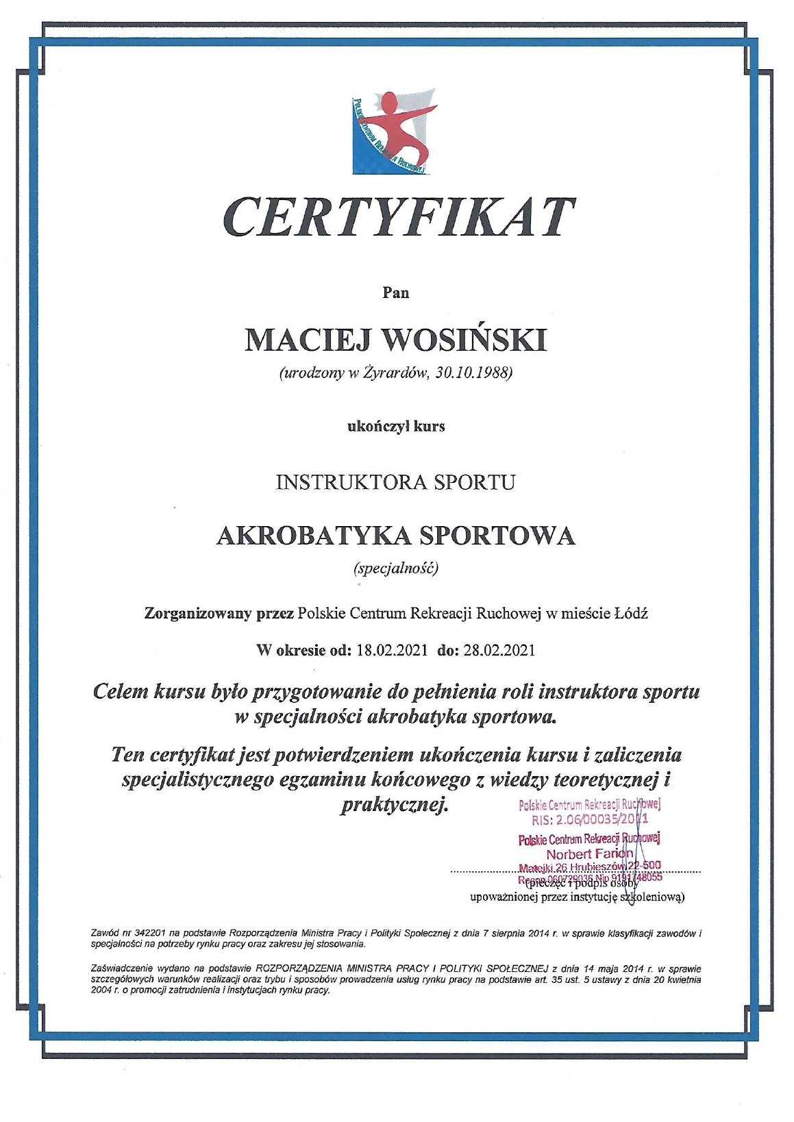 Certyfikat: Instruktor akrobatyki sportowej