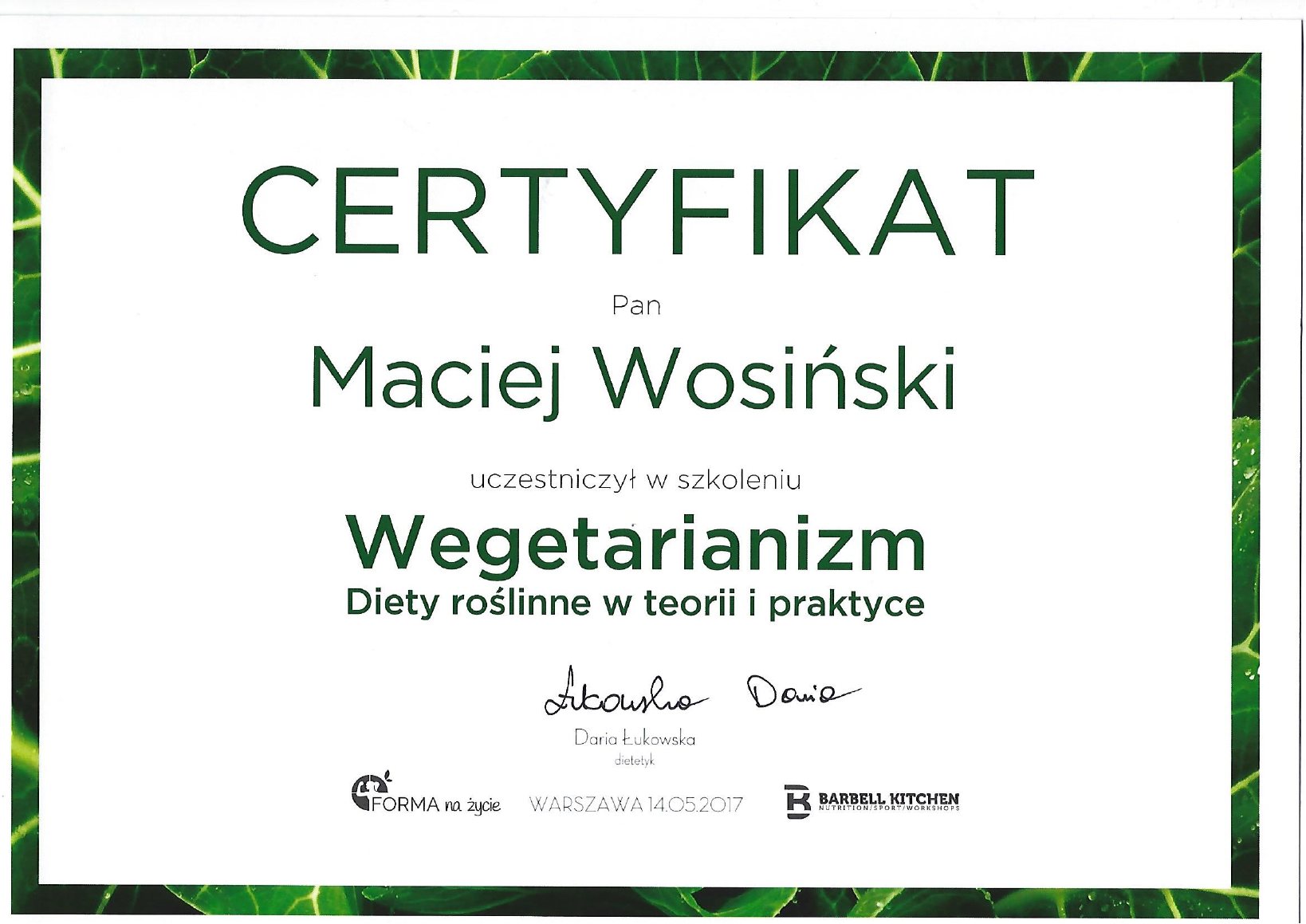 Certyfikat: Wegetarianizm - diety roślinne w teorii i praktyce