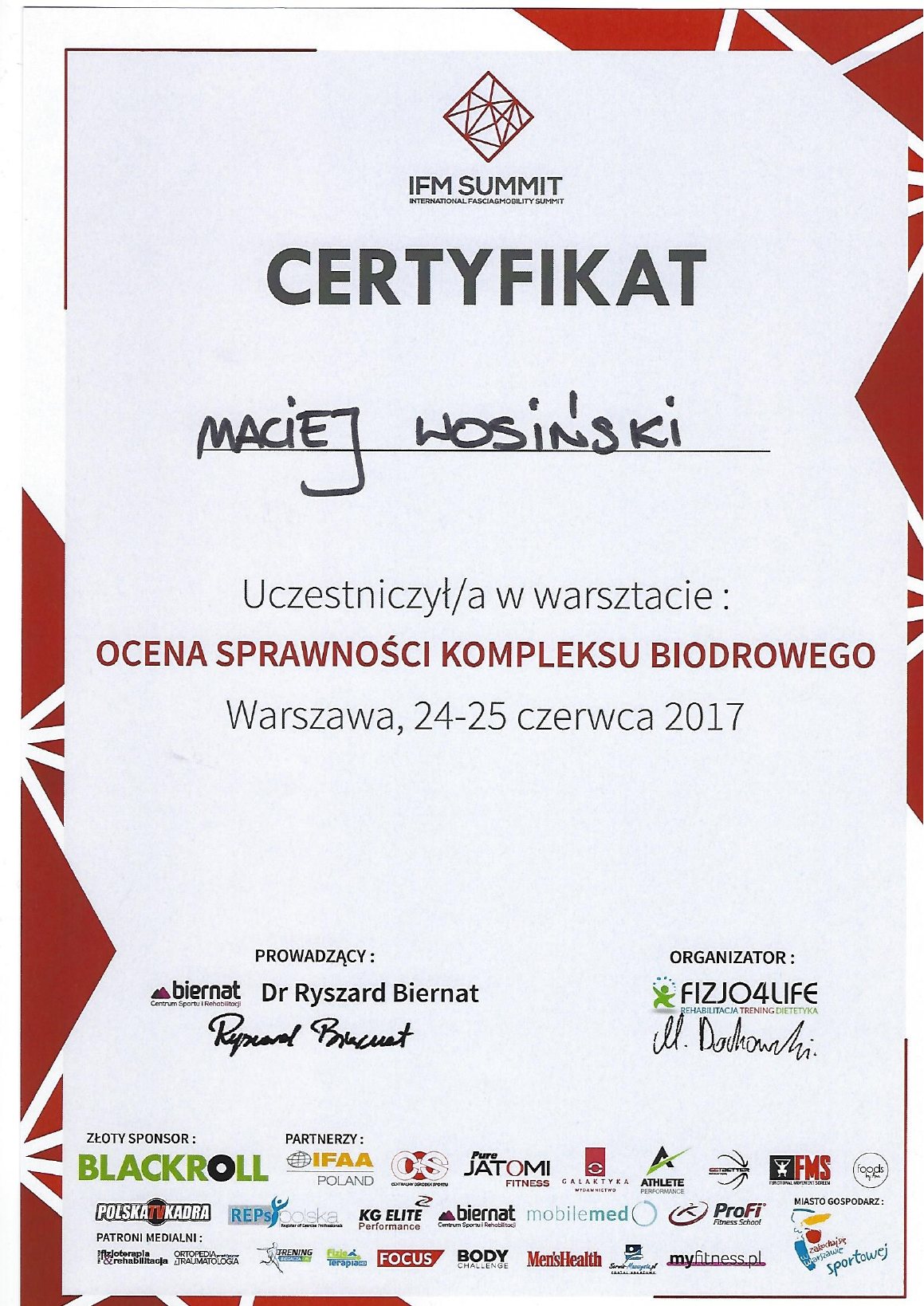 Certyfikat: Ocena sprawności kompleksu biodrowego