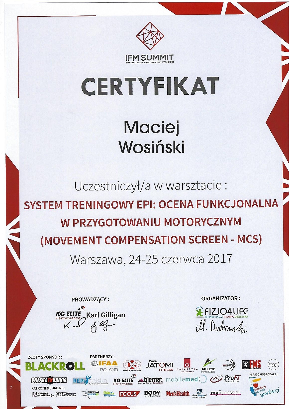 Certyfikat: System treningowy EPI: ocena funkcjonalna w przygotowaniu motorycznym