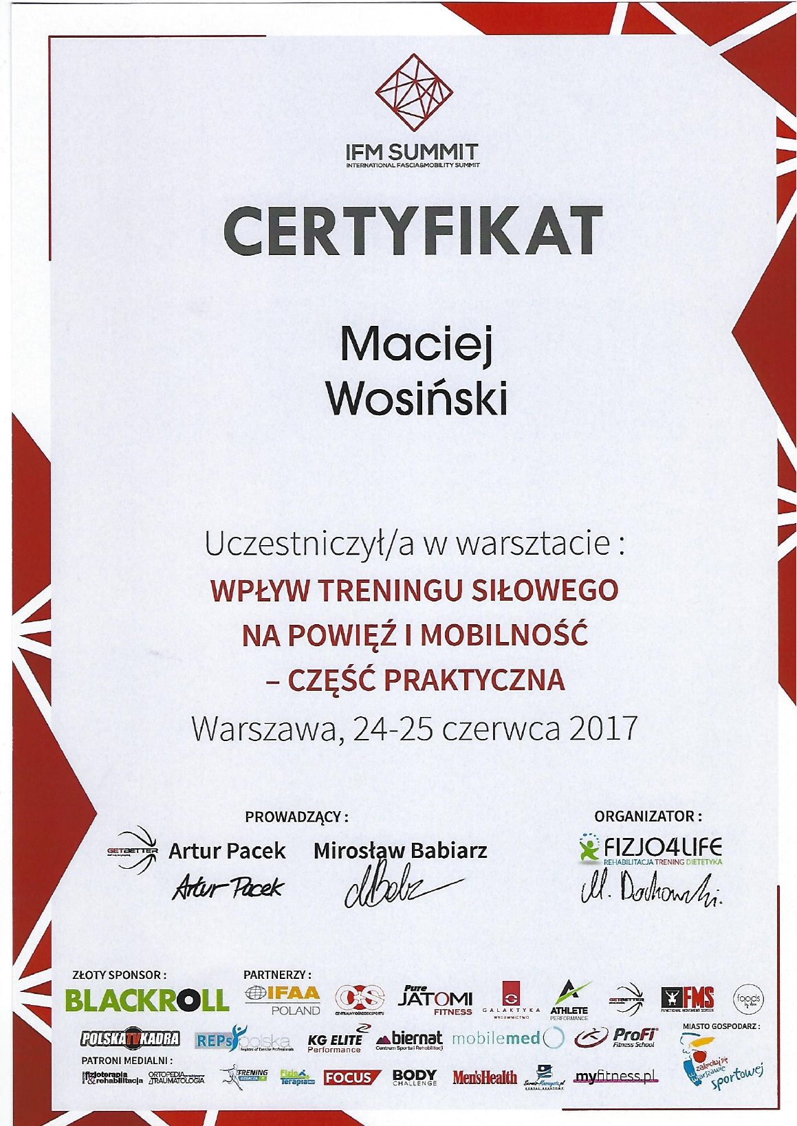Certyfikat: Wpływ treningu siłowego na powięź i mobilność