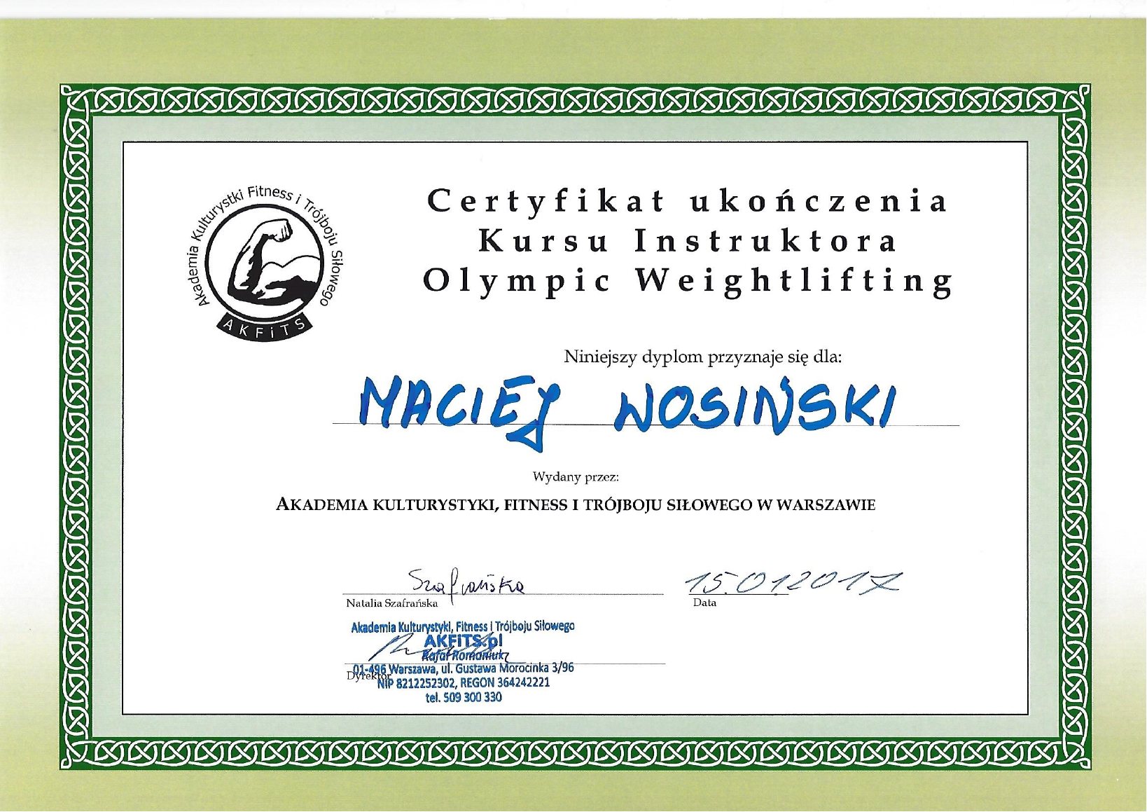 Certyfikat: Instruktor dwuboju olimpijskiego