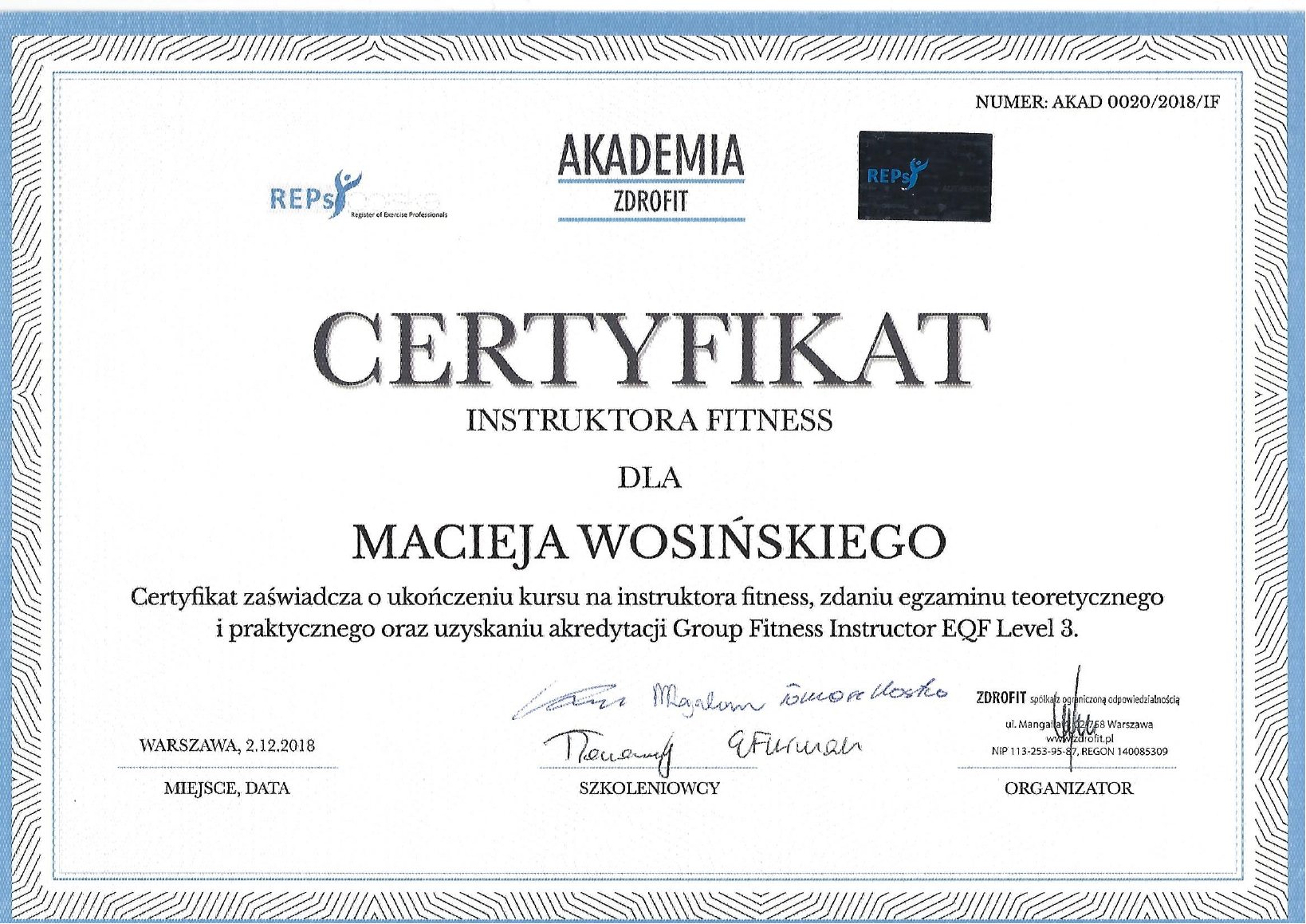 Certyfikat: Instruktor fitness
