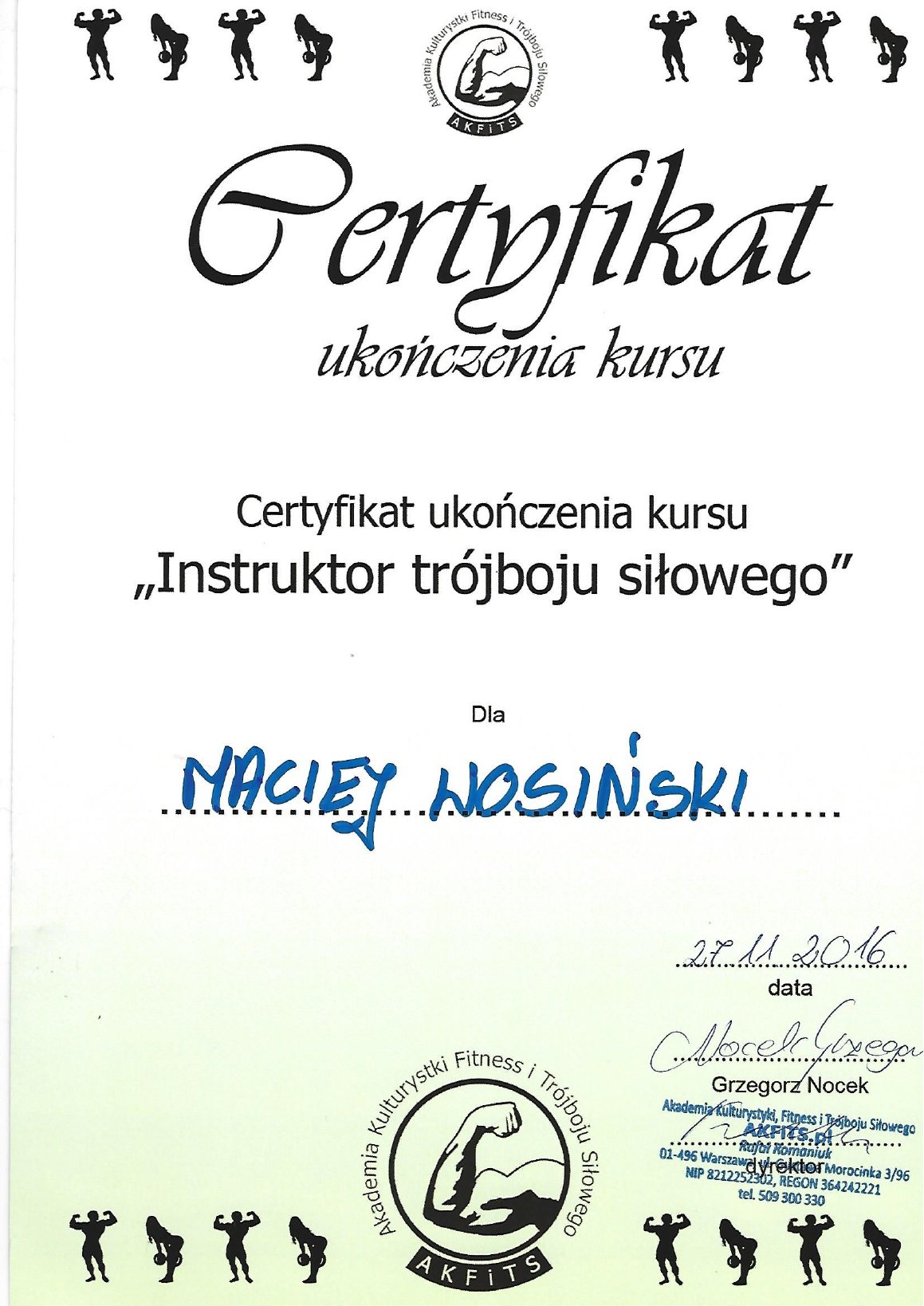 Certyfikat: Instruktor trójboju siłowego