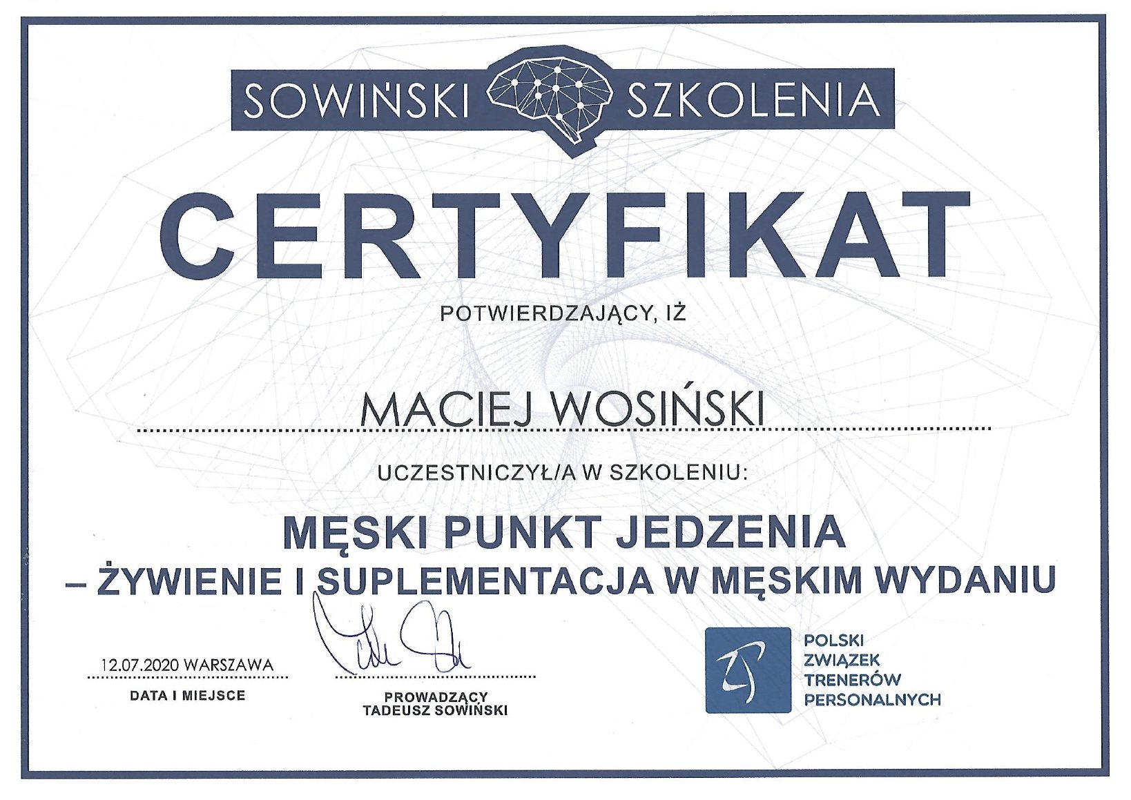 Certyfikat: Męski punkt jedzenia - żywienie i suplementacja