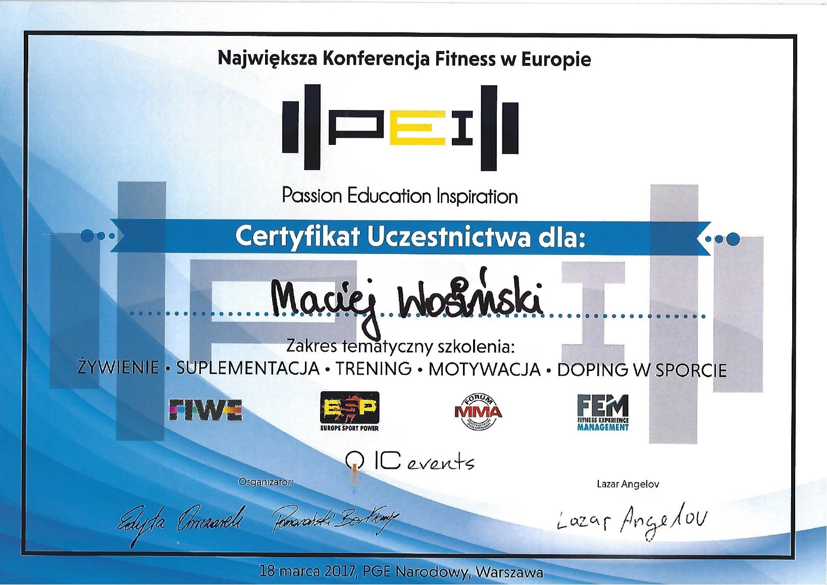 Certyfikat: Konferencja Fitness PEI III