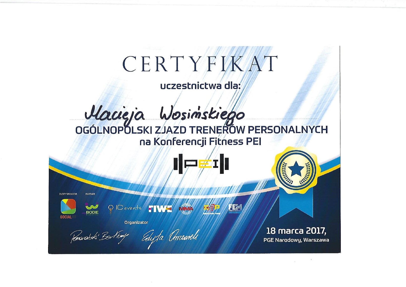 Certyfikat: Ogólnopolski Zjazd Trenerów Personalnych PEI III