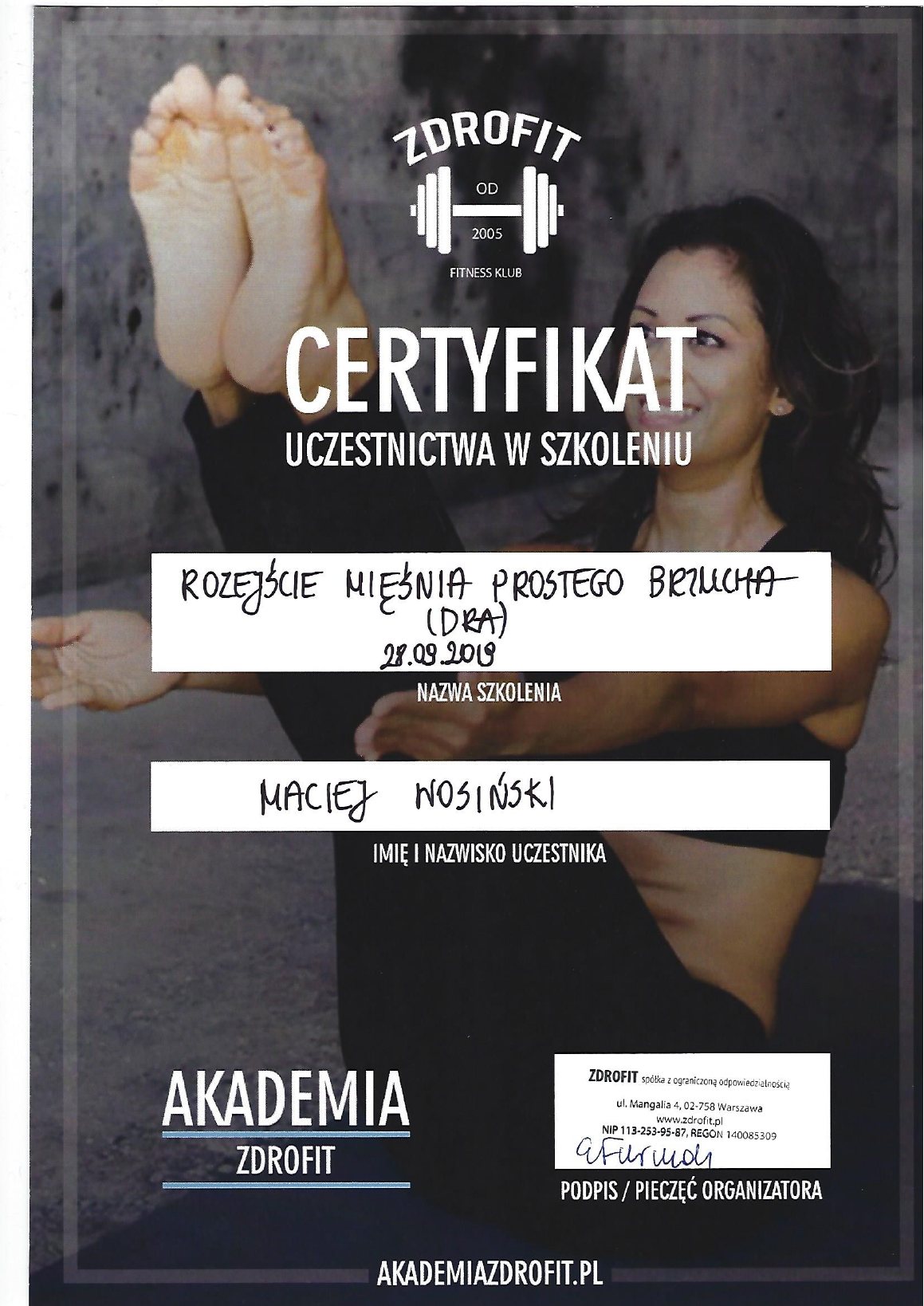 Certyfikat: Rozejście mięśnia prostego brzucha (DRA)