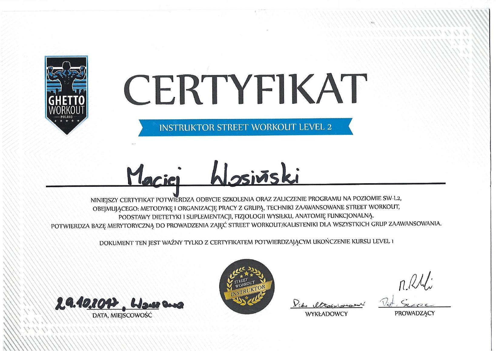 Certyfikat: Instruktor Street Workout Level 2