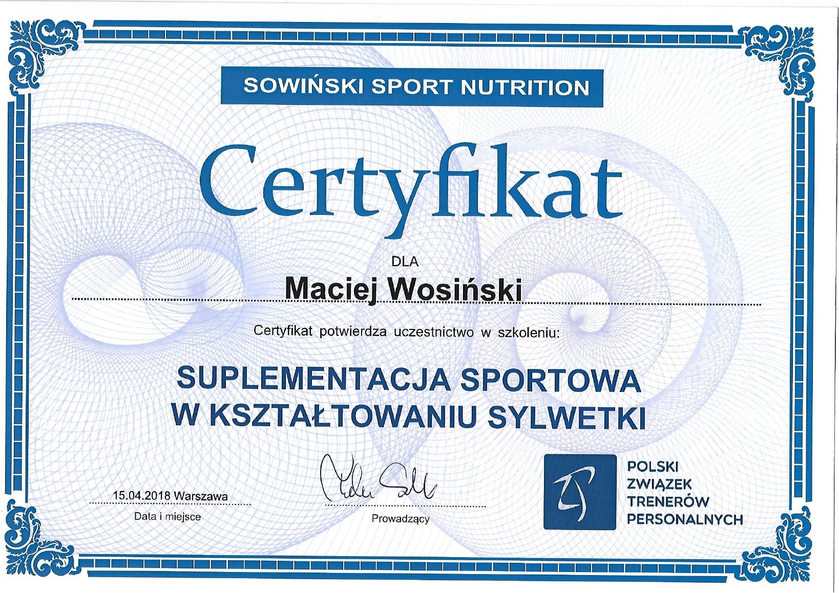 Certyfikat: Suplementacja sportowa w kształtowaniu sylwetki