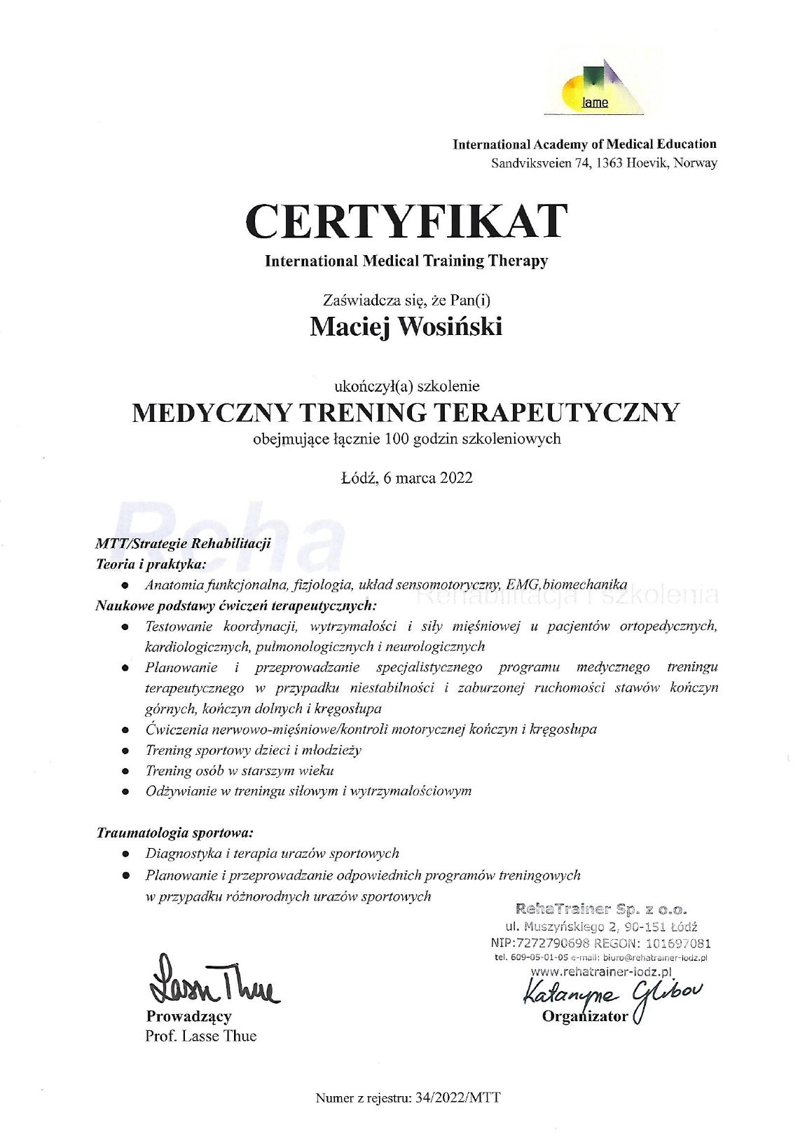 Certyfikat: Medyczny trener terapeutyczny (MTT)