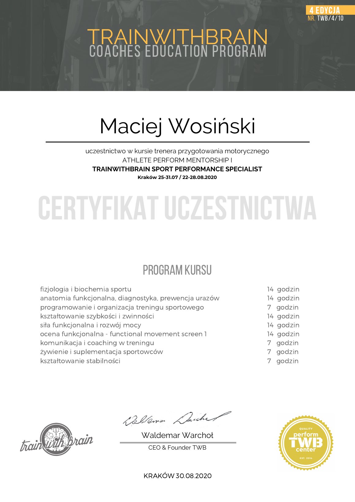 Certyfikat: Trener przygotowania motorycznego