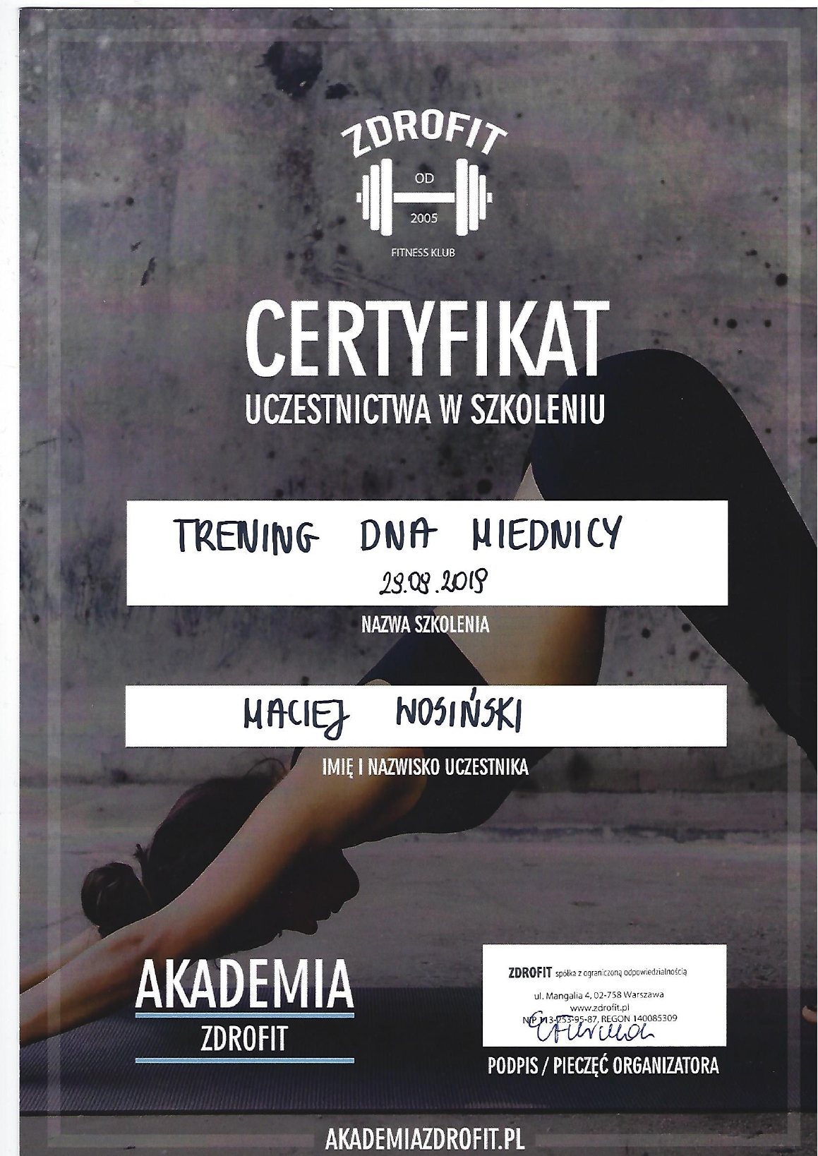 Certyfikat: Trening dna miednicy
