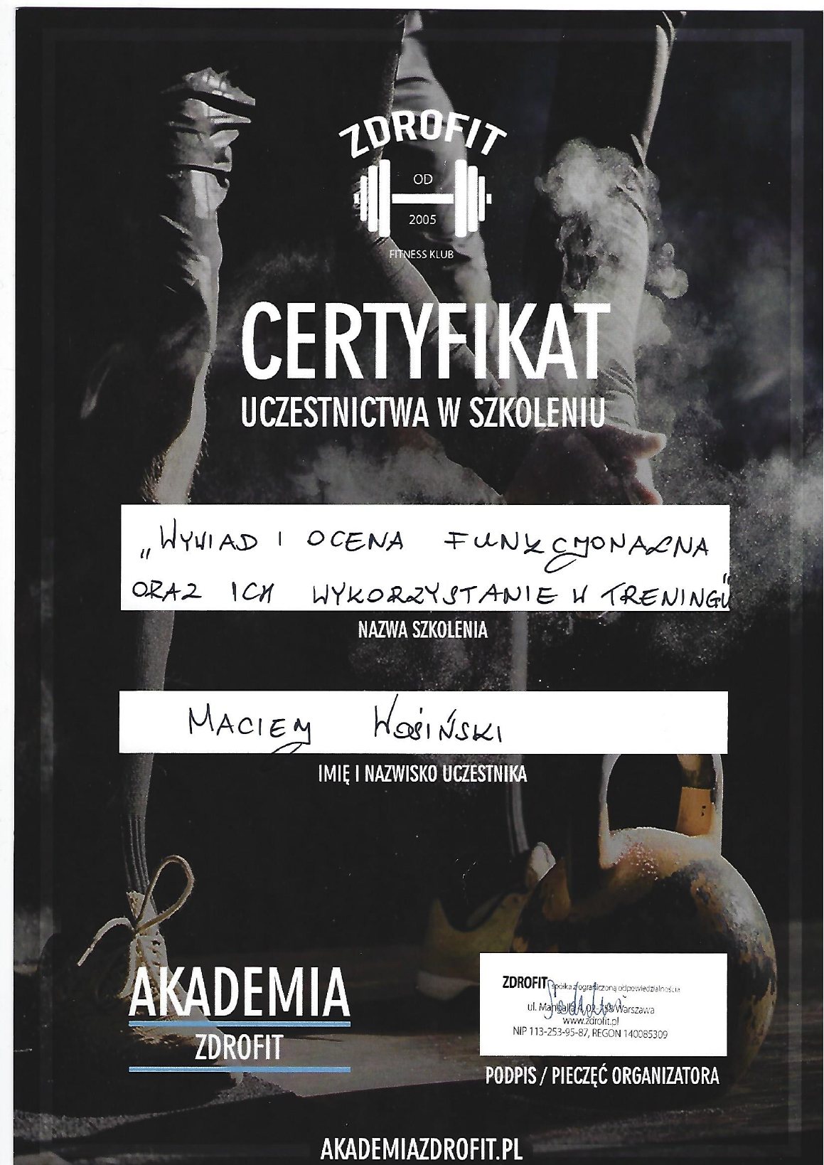 Certyfikat: Wywiad i ocena funkcjonalna w treningu