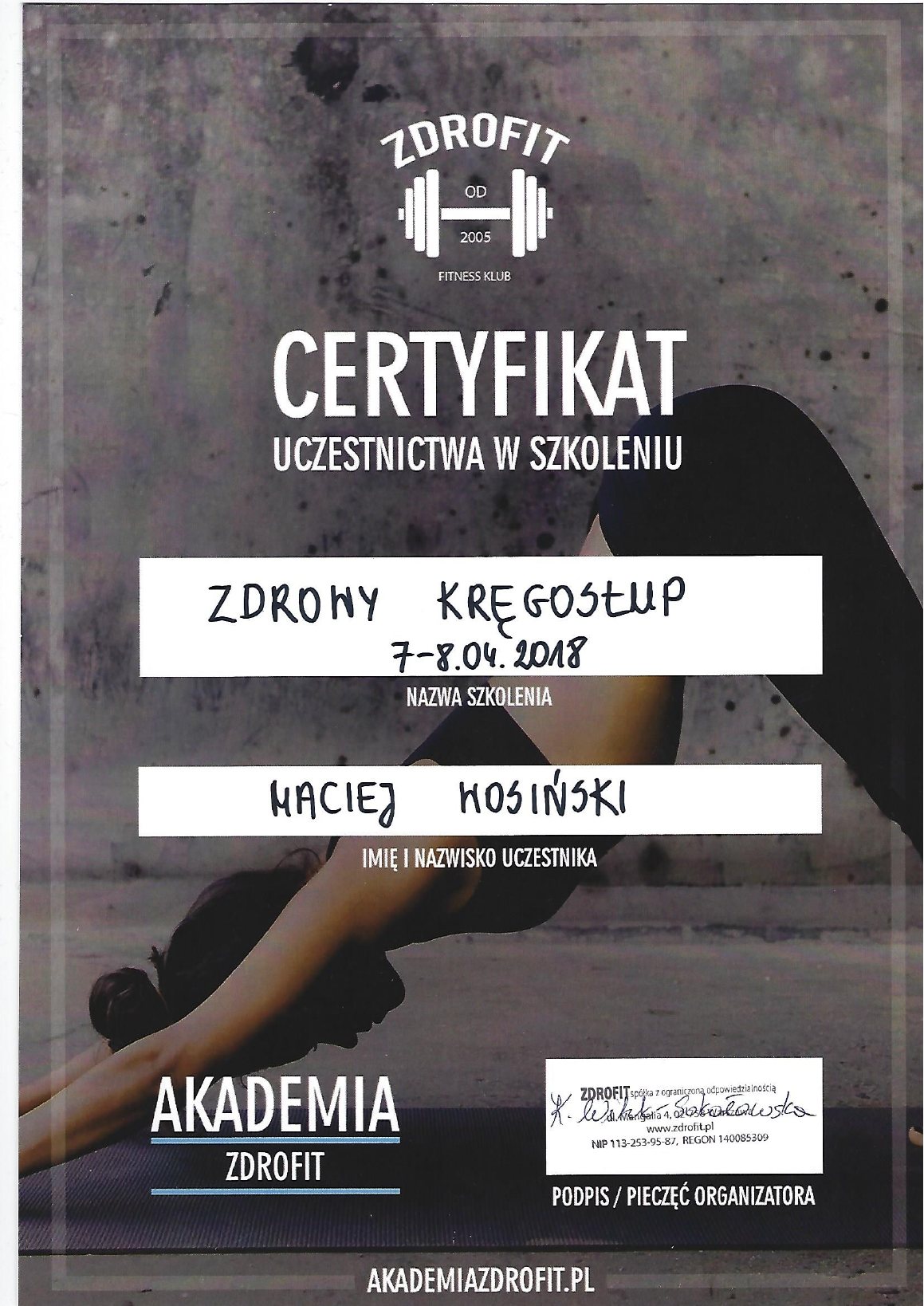Certyfikat: Zdrowy kręgosłup