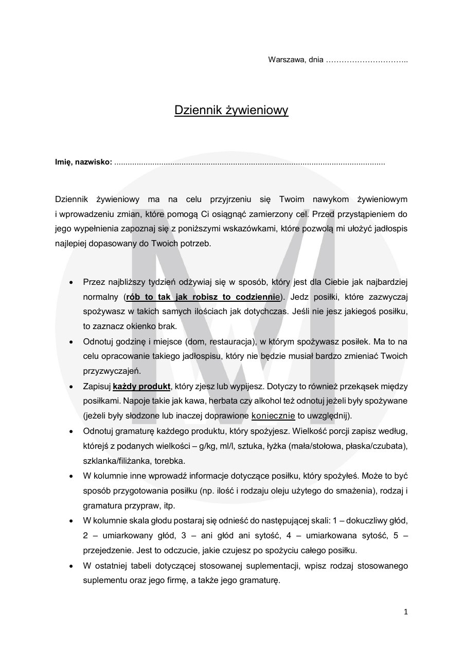 Pierwsza strona dziennika żywieniowego